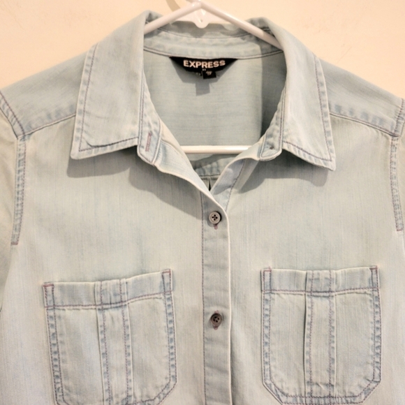 2/$18 Express Button Down Shirt Jean Denim Blue Long Sleeve Top Collar Cotton - Picture 3 of 10